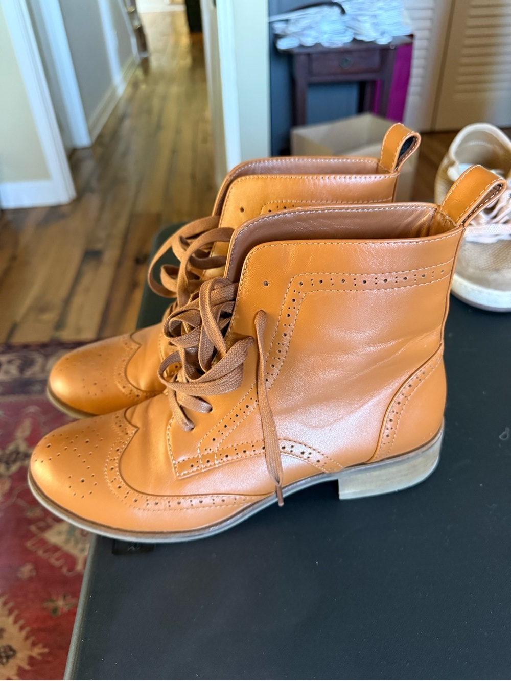 Leather Lace-Up Wingtip Ankle Boots in Tan